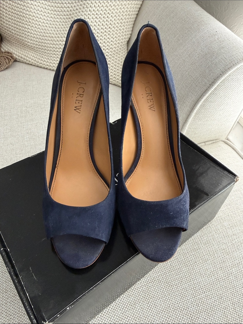 J. Crew Navy Suede Open-Toe Block Heel Pumps